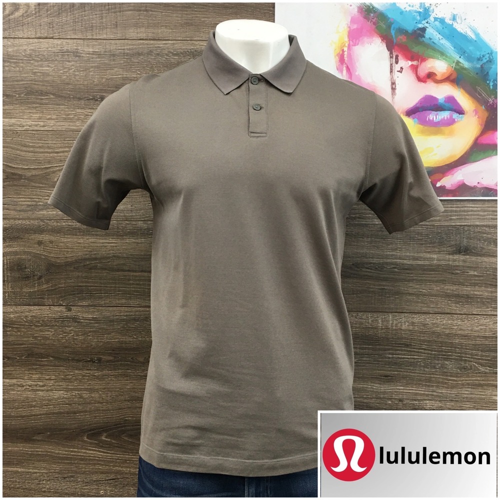 Lululemon Mens Short Sleeve Polo Shirt Taupe Brown Pique Knit Size Medium